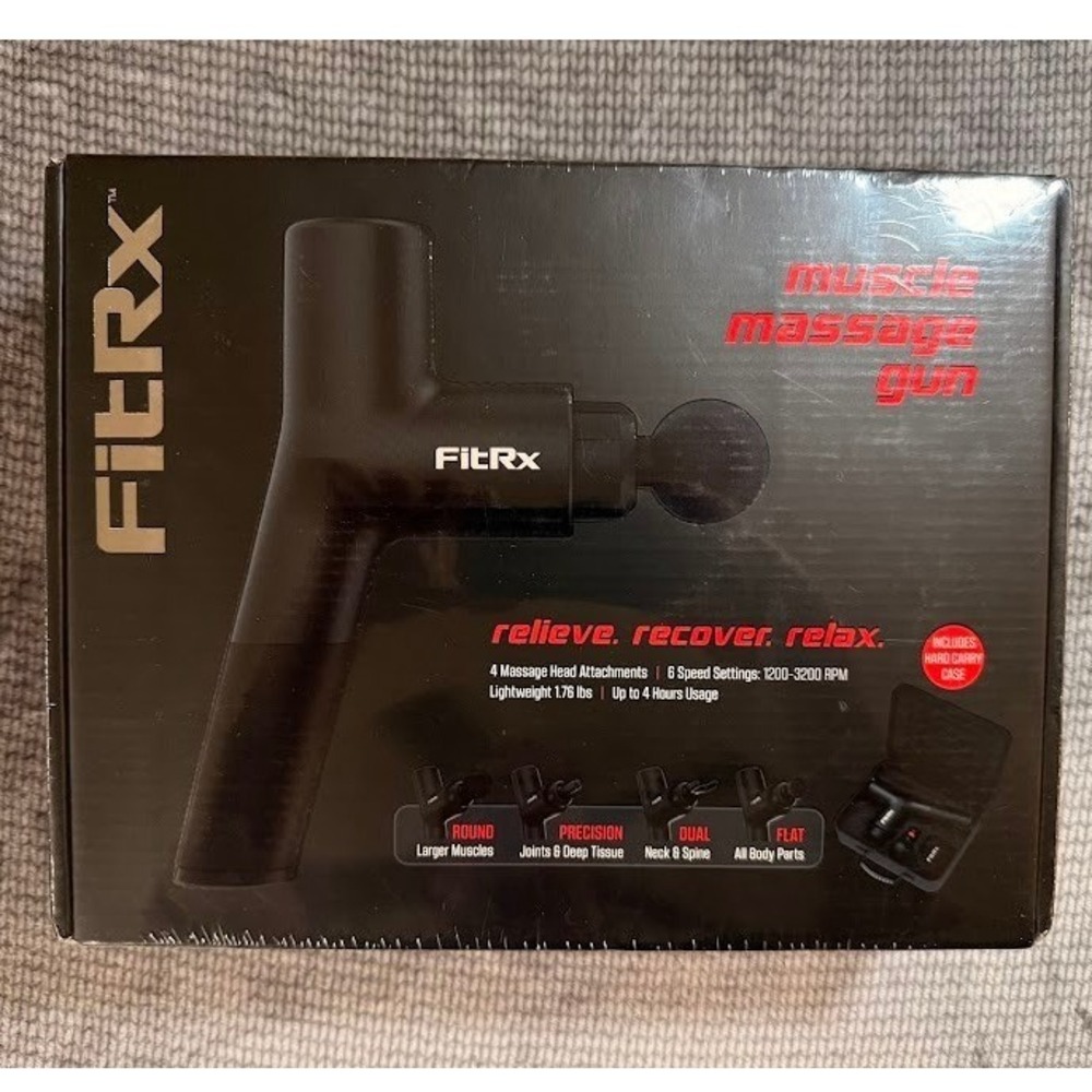 FitRx‎ Muscle Massage Gun Black Percussion Massager 6 Speeds 4 Heads 7631 New